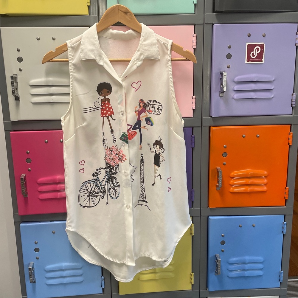 White Sleeveless Blouse with Parisian Print, L